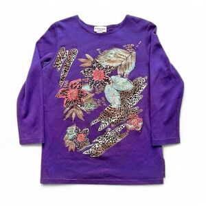 Vintage 1990s Purple Floral & Leopard Print Long Sleeve Top L
